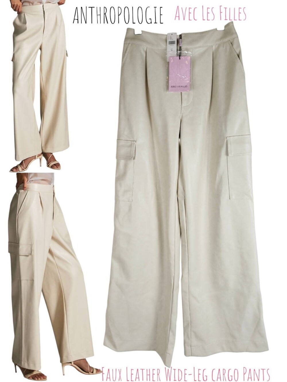 Anthropologie Avec Les Filles Women's Faux Leather Wide Leg Pants Cargo Ivory Xs